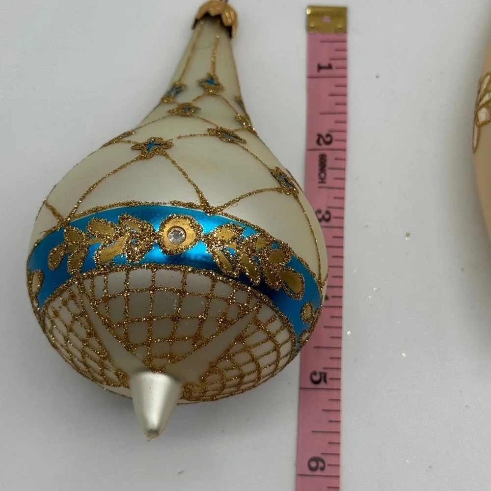 Vintage Glass Christmas Ornaments Lot 4 Cream Gold Lattice Teardrop Torpedo 6